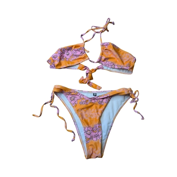 2/$25-Floral Halter Hawaiian 90s Vibes Bikini - Orange and Pink Size 6 - Picture 5 of 9